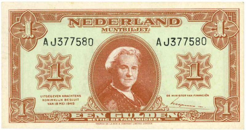 Nederland. 1 gulden. Muntbiljet. Type 1945. Wilhelmina. - UNC.