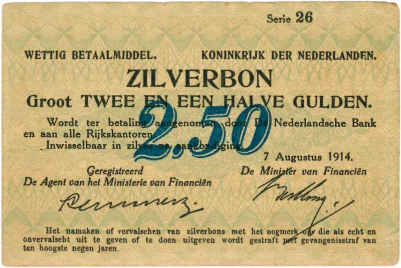 Nederland. 2½ gulden. Zilverbon. Type 1914. - Zeer Fraai.