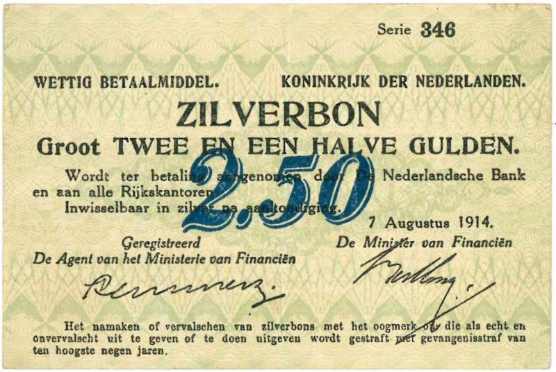 Nederland. 2½ gulden. Zilverbon. Type 1914. - Zeer Fraai +.