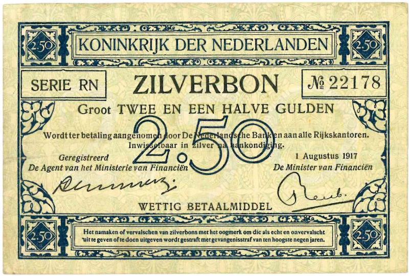 Nederland. 2½ gulden. Zilverbon. Type 1915. - Zeer Fraai +.