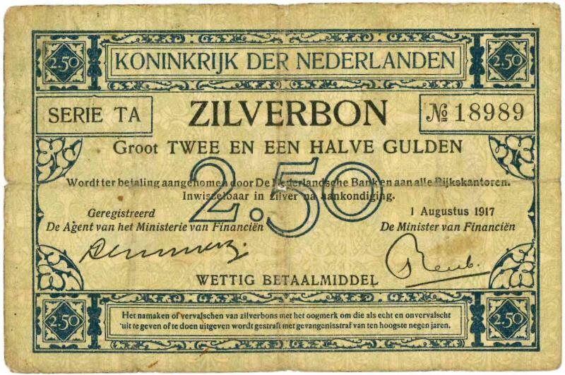 Nederland. 2½ gulden. Zilverbon. Type 1915. - Fraai.