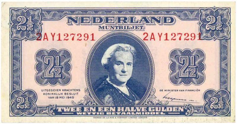 Nederland. 2½ gulden. Muntbiljet. Type 1945. Wilhelmina. - UNC.