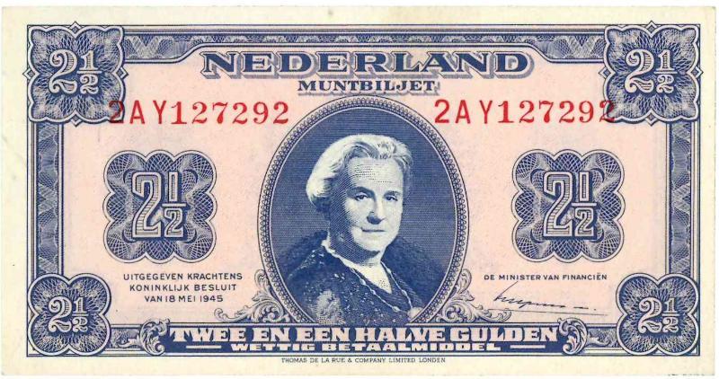 Nederland. 2½ gulden. Muntbiljet. Type 1945. Wilhelmina. - UNC.