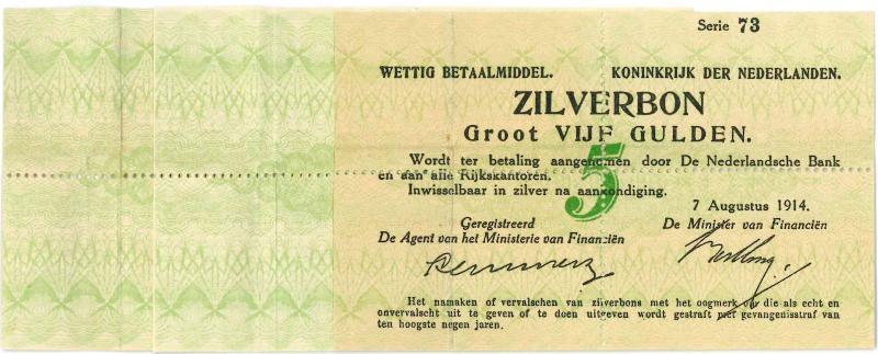 Nederland. 5 gulden. Zilverbon. Type 1914. - Zeer Fraai.