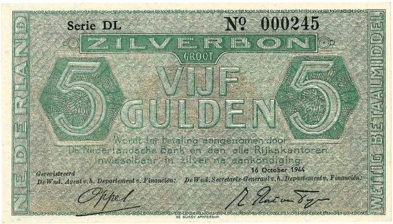 Nederland. 5 gulden. Zilverbon. Type 1944. - UNC.