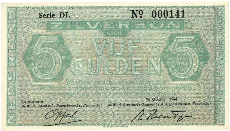 Nederland. 5 gulden. Zilverbon. Type 1944. - Nagenoeg UNC.