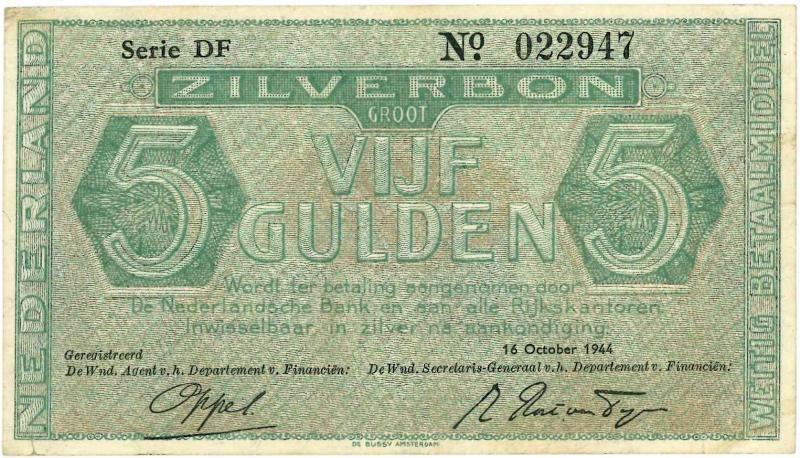 Nederland. 5 gulden. Zilverbon. Type 1944. - Zeer Fraai -.