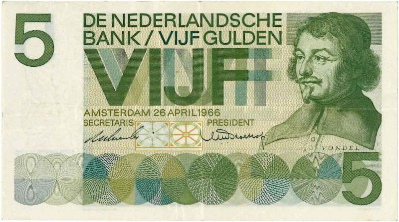 Nederland. 5 gulden. Bankbiljet. Type 1966. Vondel. - Zeer Fraai +.