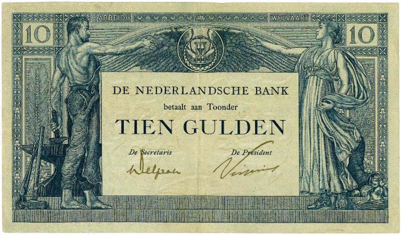 Nederland. 10 gulden. Bankbiljet. Type 1921. Arbeid en Welvaart - Zeer Fraai +.