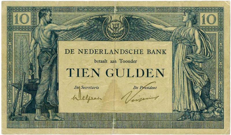 Nederland. 10 gulden. Bankbiljet. Type 1921. Arbeid en Welvaart - Zeer Fraai -.