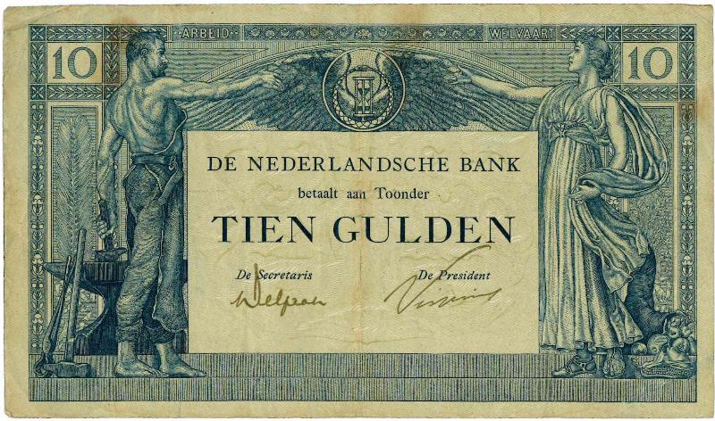 Nederland. 10 gulden. Bankbiljet. Type 1921. Arbeid en Welvaart - Zeer Fraai.