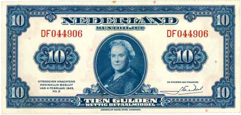 Nederland. 10 gulden. Bankbiljet. Type 1943II. Wilhelmina. - Prachtig +.