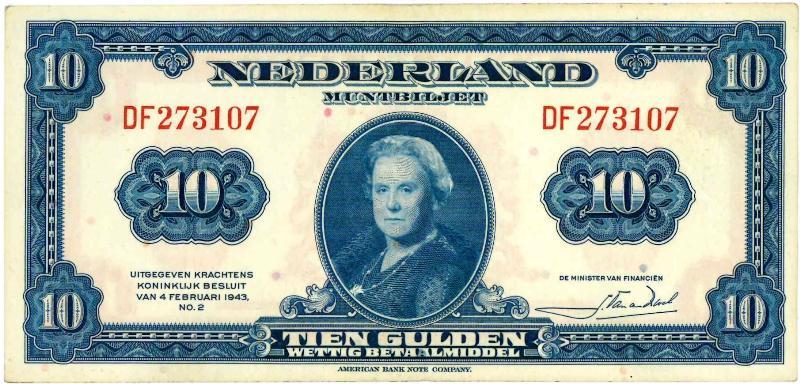 Nederland. 10 gulden. Bankbiljet. Type 1943II. Wilhelmina. - Zeer Fraai / Prachtig.