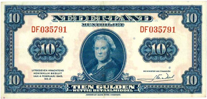 Nederland. 10 gulden. Bankbiljet. Type 1943II. Wilhelmina. - Zeer Fraai +.