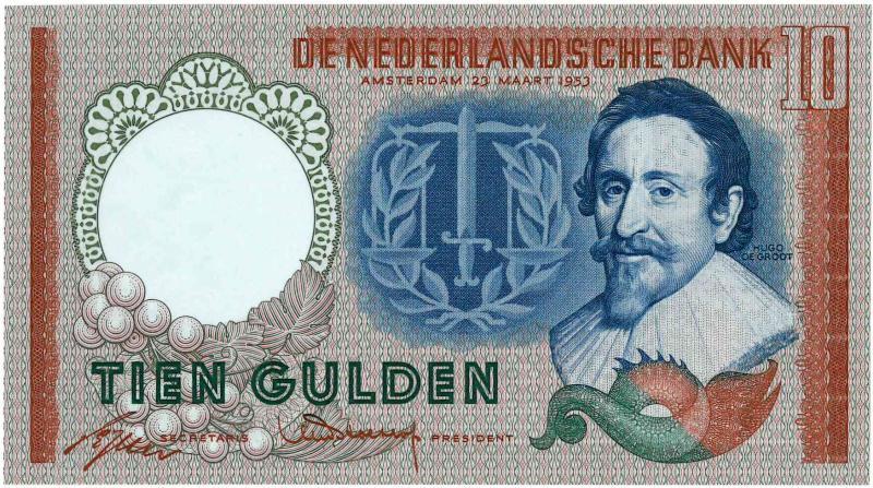 Nederland. 10 gulden. Bankbiljet. Type 1953. Hugo de Groot. - Nagenoeg UNC.