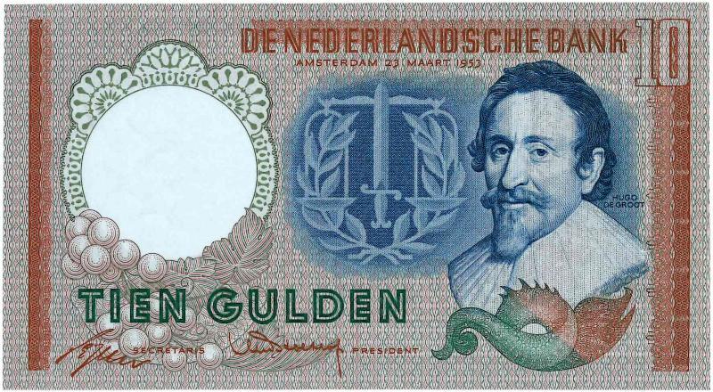 Nederland. 10 gulden. Bankbiljet. Type 1953. Hugo de Groot. - UNC.