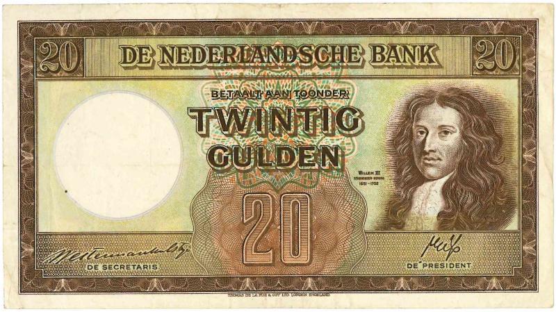 Nederland. 20 gulden. Bankbiljet. Type 1945. Stadhouder Willem III. - Zeer Fraai +.