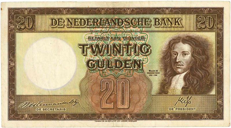 Nederland. 20 gulden. Bankbiljet. Type 1945. Stadhouder Willem III. - Zeer Fraai.