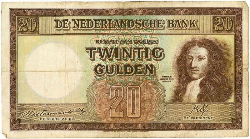 Nederland. 20 gulden. Bankbiljet. Type 1945. Stadhouder Willem III. - Fraai / Zeer Fraai.