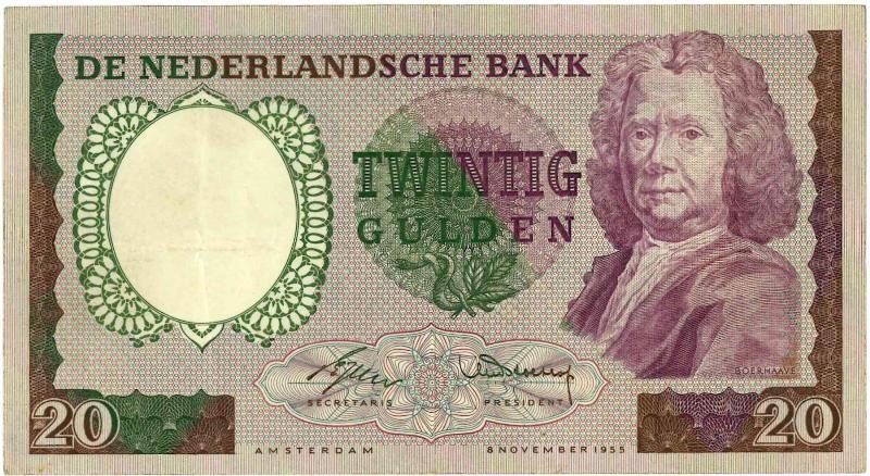 Nederland. 20 gulden. Bankbiljet. Type 1955. Boerhaave. - Zeer Fraai +.