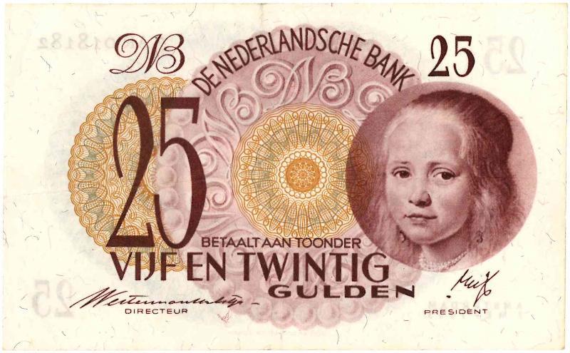 Nederland. 25 gulden. Bankbiljet. Type 1945. Meisje in 't blauw - Zeer Fraai +.