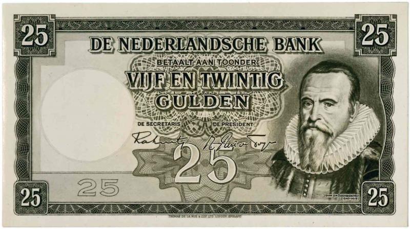 Nederland. 25 gulden. Bankbiljet. Type 1945. Johan van Oldebarneveld. - Zeer Fraai +.