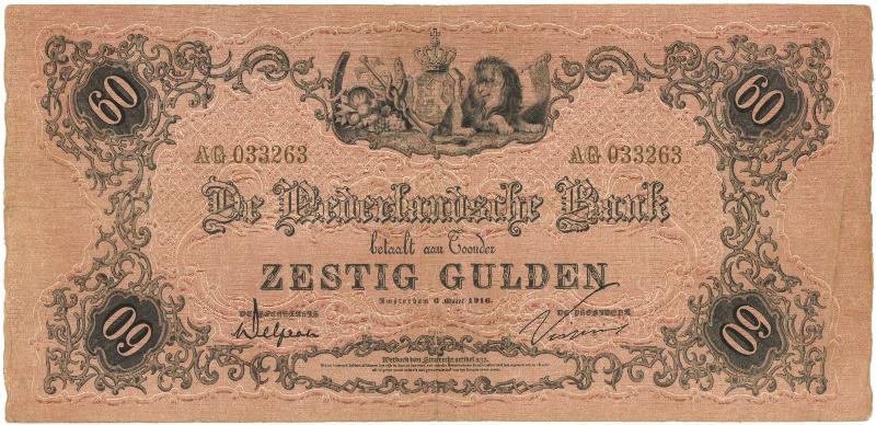 Nederland. 60 gulden. Bankbiljet. Type 1860. - Zeer Fraai.