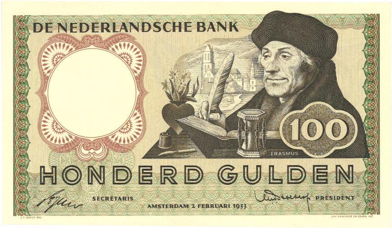 Nederland. 100 gulden. Bankbiljet. Type 1953. Erasmus. - Prachtig +.