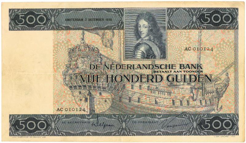 Nederland. 500 gulden. Bankbiljet. Type 1930. Stadhouder Willem III. - Zeer Fraai +.