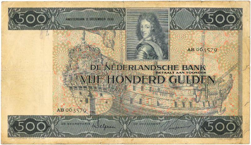 Nederland. 500 gulden. Bankbiljet. Type 1930. Stadhouder Willem III. - Fraai +.