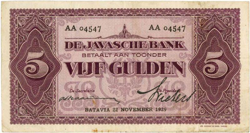 Nederlands-Indië. 5 gulden. Bankbiljet. Type 1924. - Zeer Fraai.
