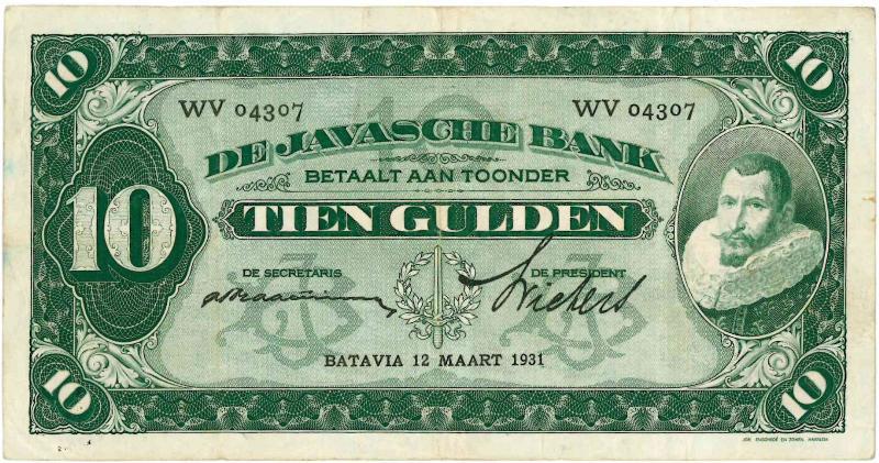 Nederlands-Indië. 10 gulden. Bankbiljet. Type 1924. - Zeer Fraai.