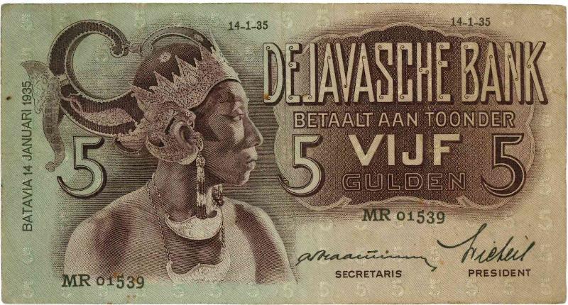 Nederlands-Indië. 5 gulden. Bankbiljet. Type 1933. - Zeer Fraai.