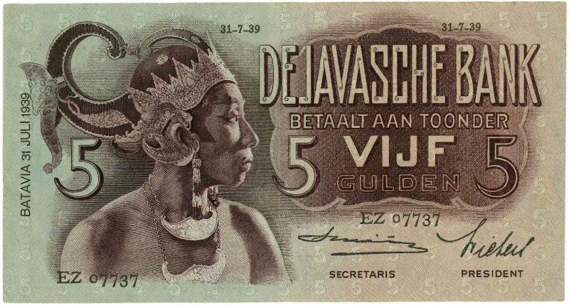 Nederlands-Indië. 5 gulden. Bankbiljet. Type 1933. - Zeer Fraai +.