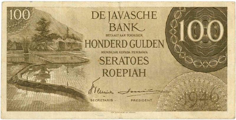 Nederlands-Indië. 100 gulden. Bankbiljet. Type 1946. - Zeer Fraai.