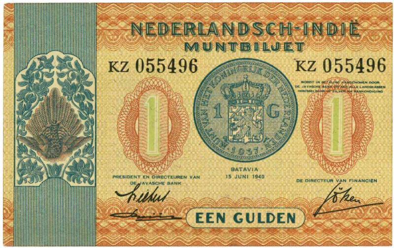 Nederlands-Indië. 1 gulden. Muntbiljet. Type 1940. - UNC -.