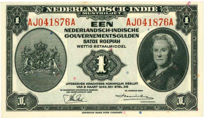 Nederlands-Indië. 1 gulden. Muntbiljet. Type 1943. - UNC -.