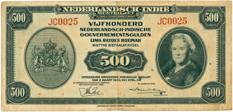 Nederlands-Indië. 500 gulden. Bankbiljet. Type 1943. - Zeer Fraai.