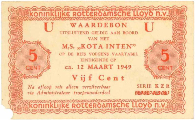 Scheepsgeld. 5 cent. MS Kota Inten. Type 1949. Rotterdamse Lloyd. - Fraai +.