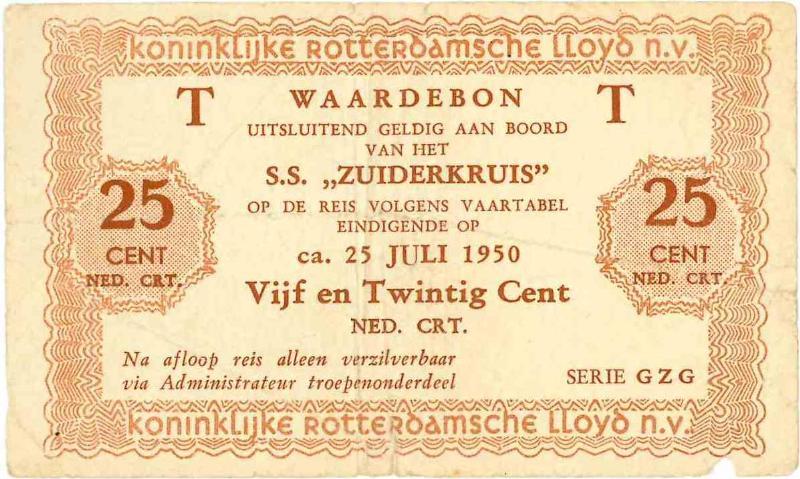 Scheepsgeld. 25 cent. SS Zuiderkruis. Type 1950. Rotterdamse Lloyd. - Fraai.