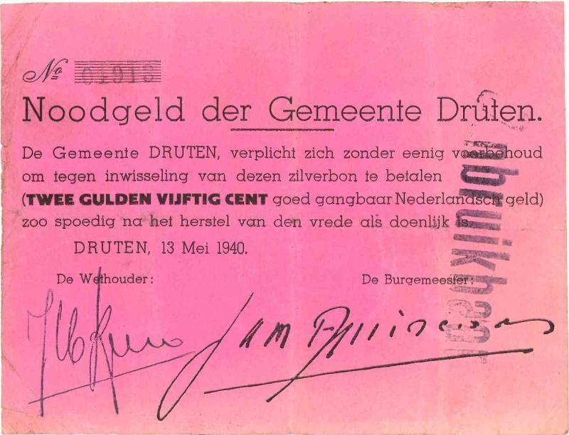 Noodgeld 2de WO. 2½ gulden. Druten. Type 1940. - Fraai / Zeer Fraai.