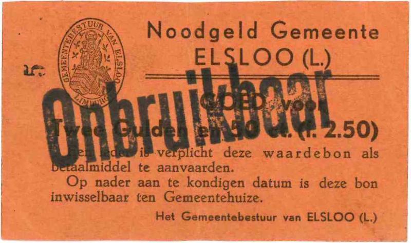 Noodgeld 2de WO. 2½ gulden. Elsloo. Type 1940. - Zeer Fraai.