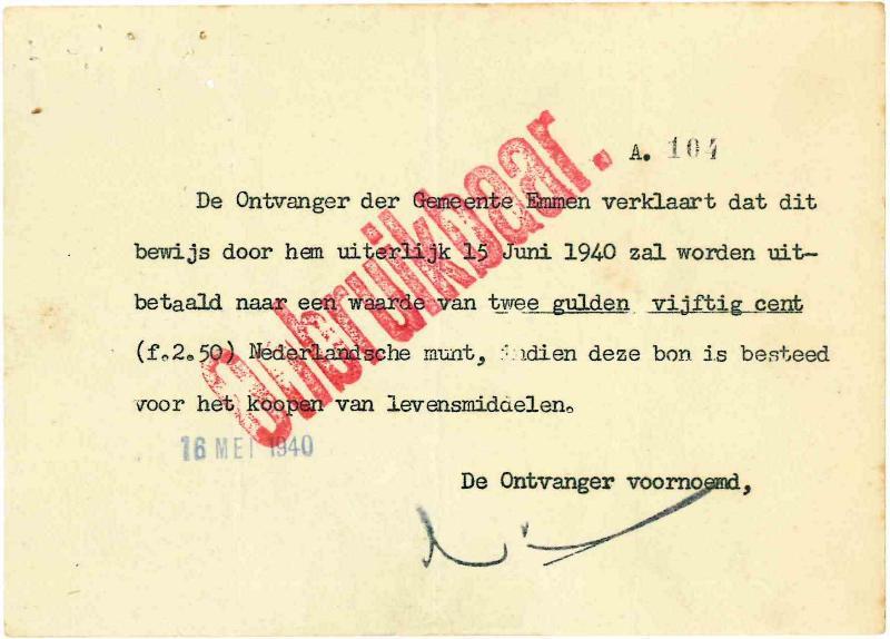 Noodgeld 2de WO. 2½ gulden. Emmen. Type 1940. - Zeer Fraai.