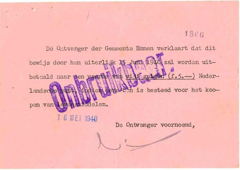 Noodgeld 2de WO. 5 gulden. Emmen. Type 1940. - Prachtig.