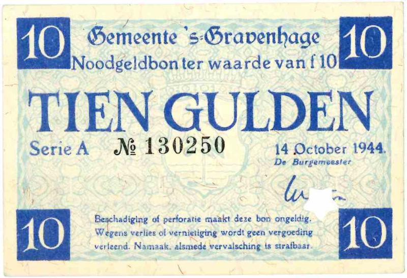 Noodgeld 2de WO. 10 gulden . s'Gravenhage. Type 1940. - Zeer Fraai.
