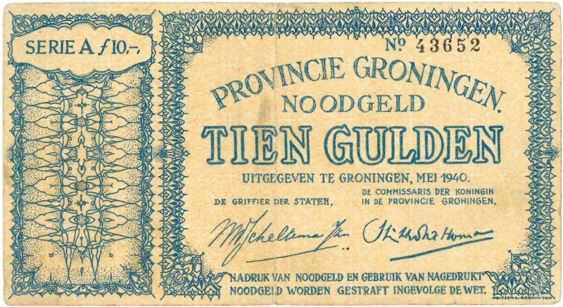 Noodgeld 2de WO. 10 gulden . Groningen. Type 1940. - Zeer Fraai.