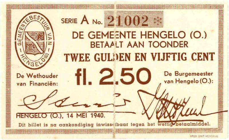 Noodgeld 2de WO. 2½ gulden. Hengelo. Type 1940. - Zeer Fraai +.