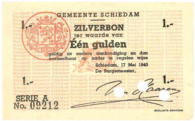 Noodgeld 2de WO. 1 gulden. Schiedam. Type 1940. - Zeer Fraai +.
