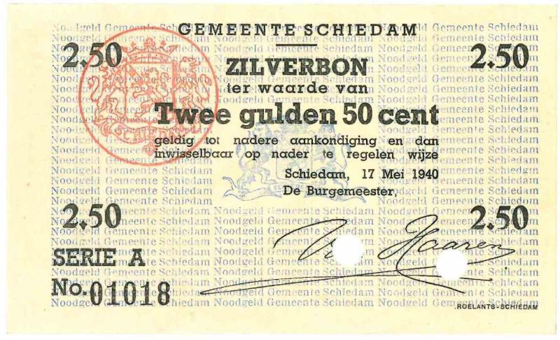 Noodgeld 2de WO. 2½ gulden. Schiedam. Type 1940. - Prachtig.