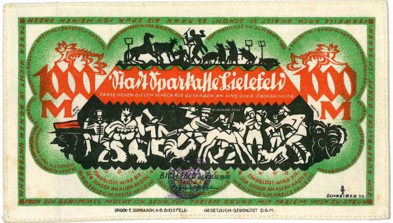 Noodgeld/Duitsland. 1000 mark. linnen. type 1922. Bielefeld. - Div.